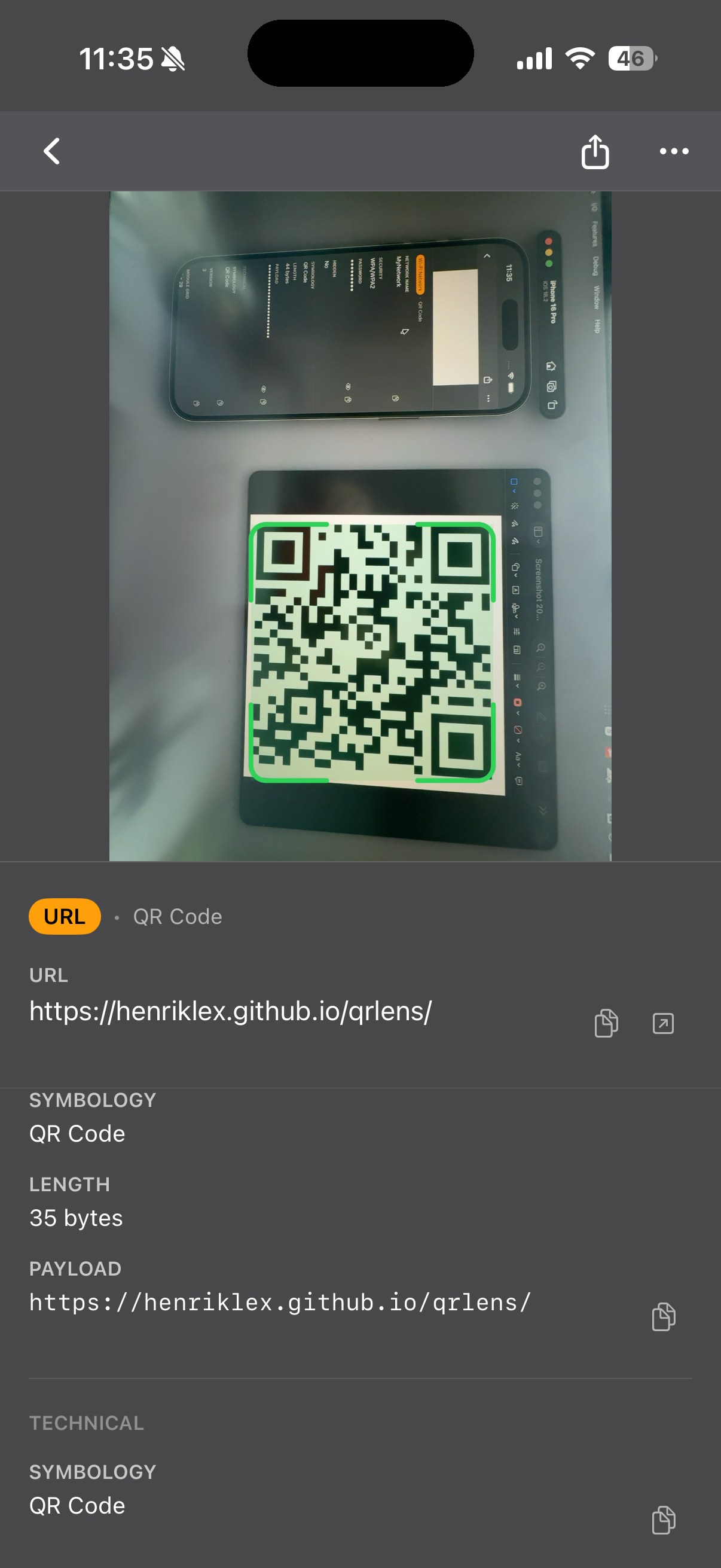 QR Lens — Detail view showing a captured QR code with its decoded URL, symbology, and byte count