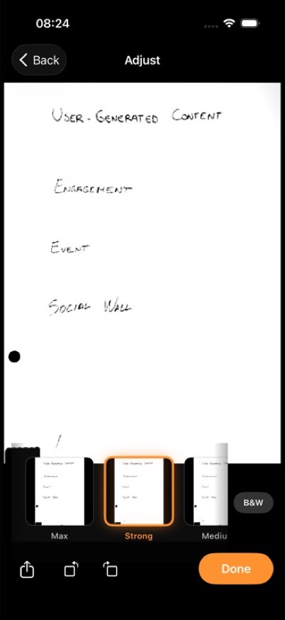 Whiteboard Lens — Adjust screen showing a processed whiteboard scan